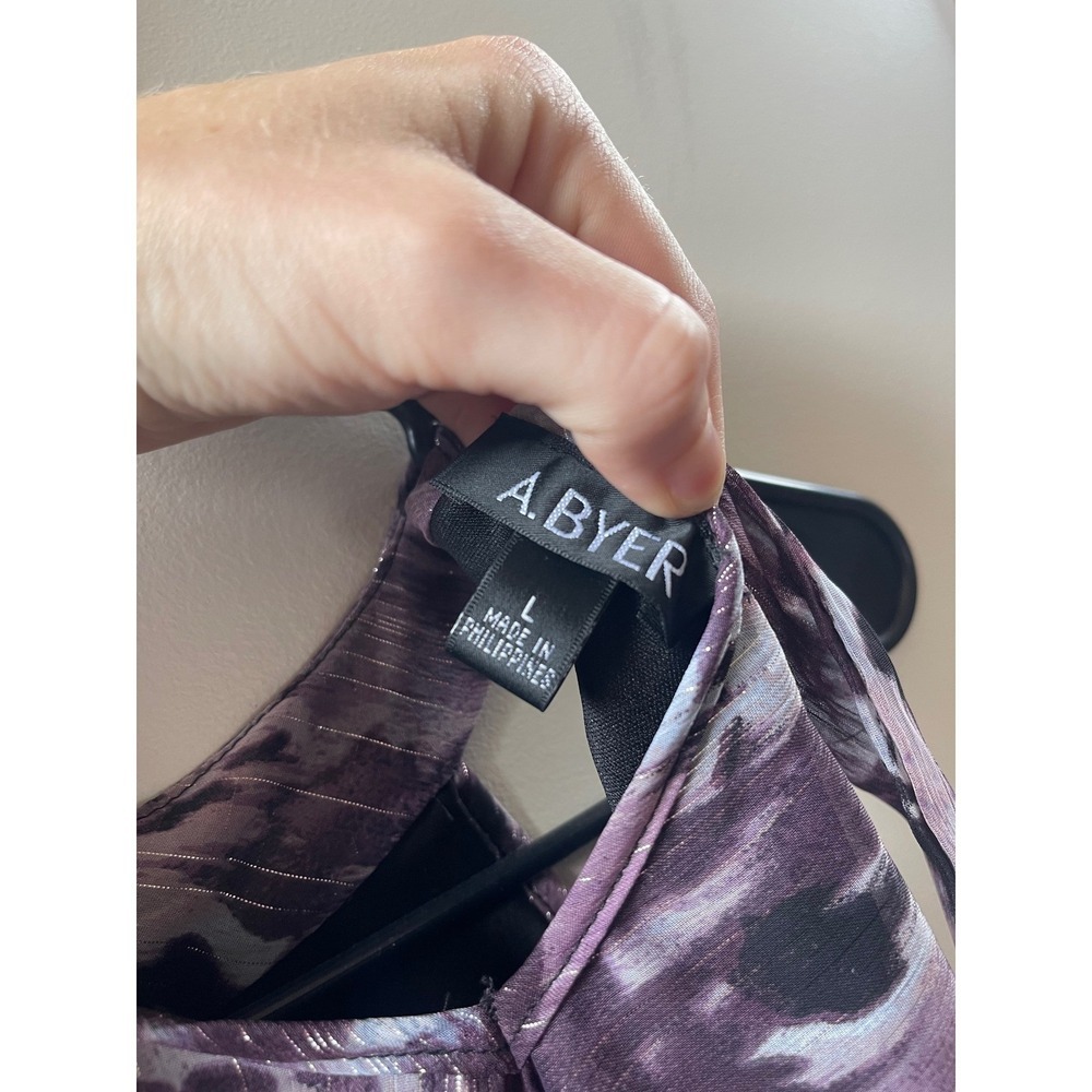 A. Byer Halter Top Womens Large Lavender NWT Layered Ruffle Metallic Abstract - Picture 3 of 5